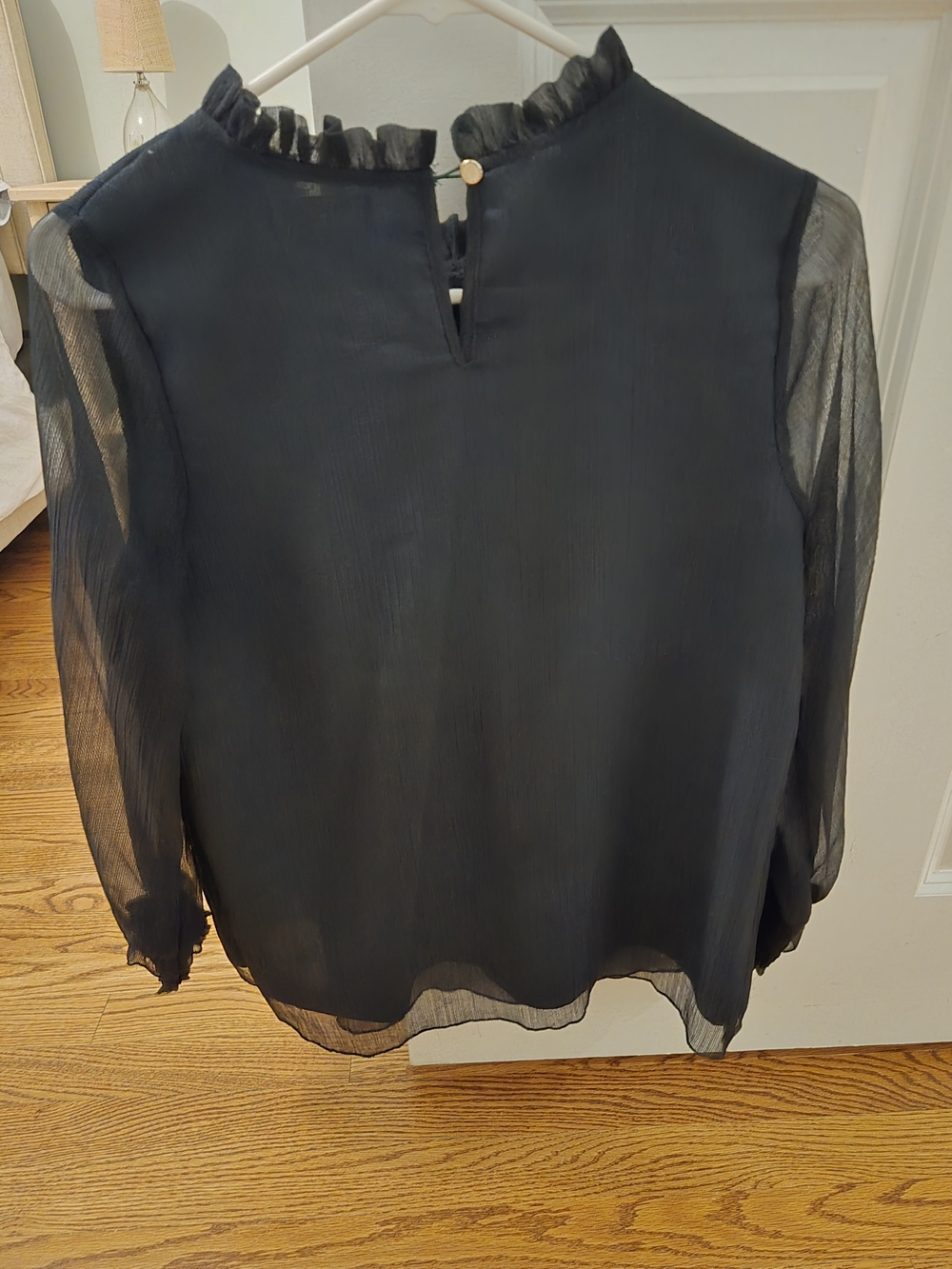 Sheer Ruffle-Neck Long-Sleeve Top - Dark Green